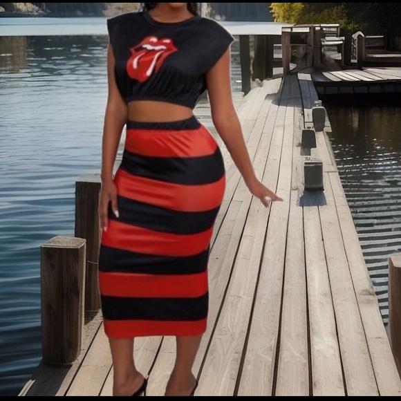 2pc Skirt Set 💋 👅 Rolling Stones Lips Crop Top Red & White Striped Long Skirt - Picture 8 of 11